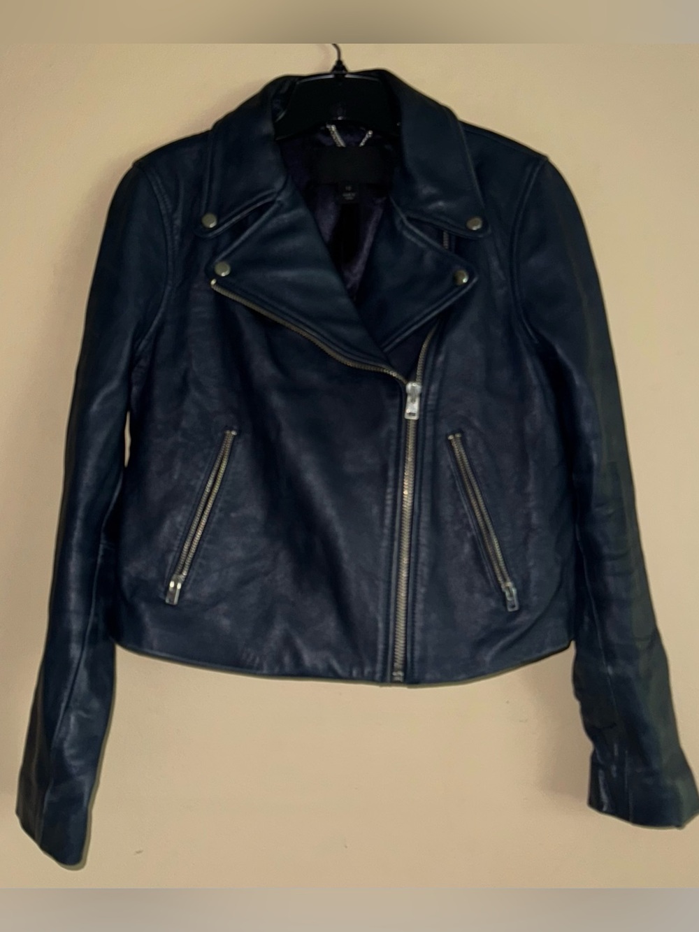 J Crew Collection Navy Blue 100% Leather Moto Jacket Size 12